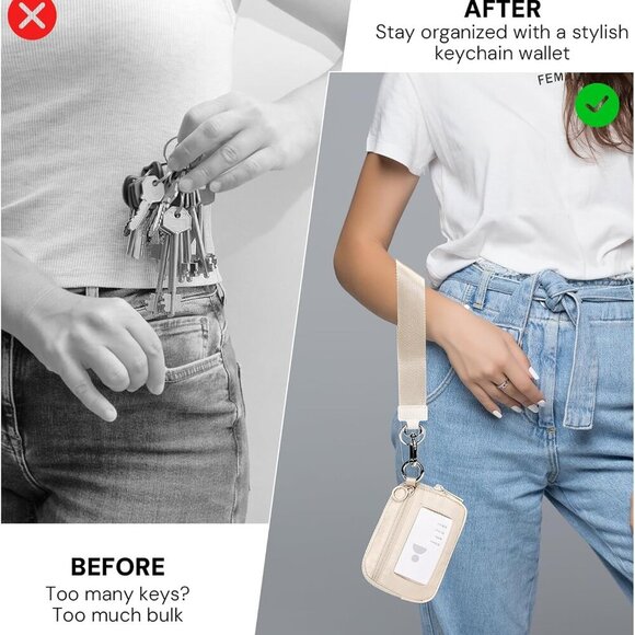 Beige Mini Zip Card Case for Women with ID Window Coin Purse Lightweight Wallet - Picture 2 of 8